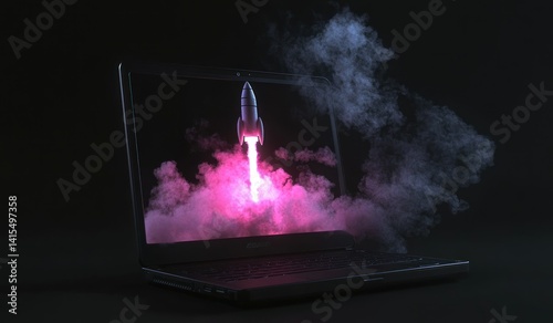 Laptop screen shows rocket launch with smoke and pink light against black background.