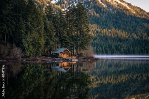 Obraz na płótnie The image depicts a serene lakeside scene with a small wooden cabin nestled among tall evergreen trees w salonie