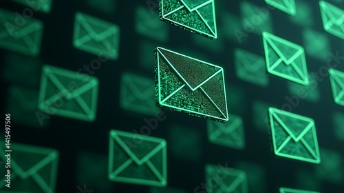 Green Electronic Mail Envelopes Background Depicts Communication Technology with Digital Network for Connectivity and Messages.