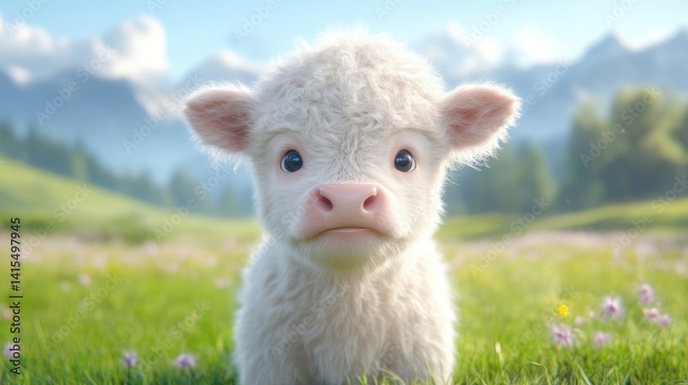 Obraz premium Adorable calf in a grassy meadow, mountain backdrop