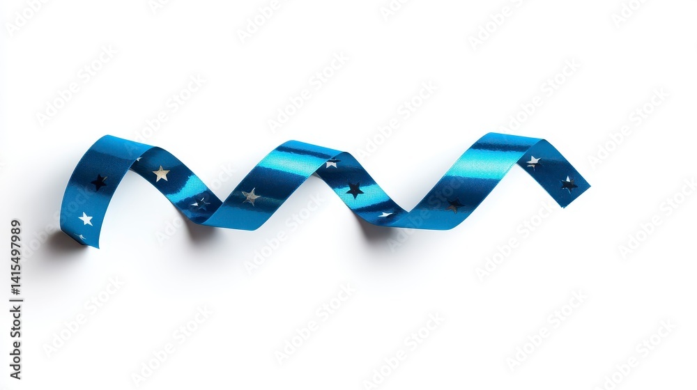 Fototapeta premium Blue ribbon with star pattern on white background. Festive decoration, elegant design, simple backdrop. Ideal for wrapping, crafts, and celebrations.