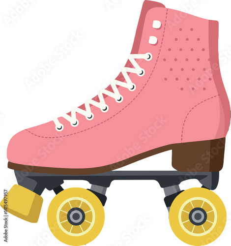 Pink retro roller skate with yellow wheels and white laces flat design vector illustration