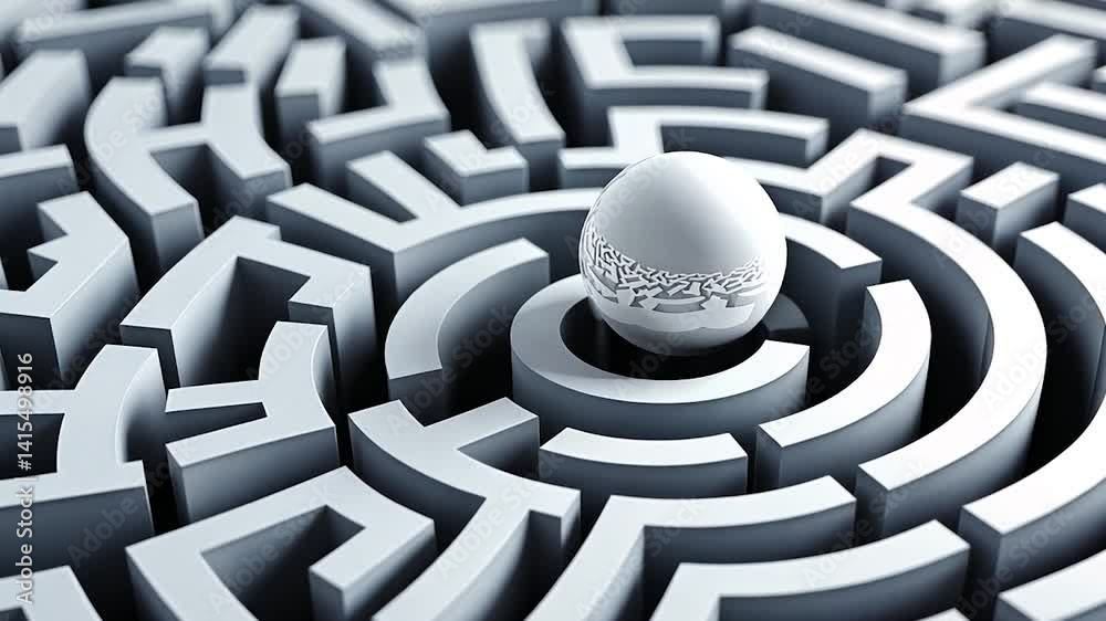A 3D maze with a central white sphere, symbolizing problem-solving and navigation A 3D maze with a central white sphere, symbolizing problem-solving and navigation