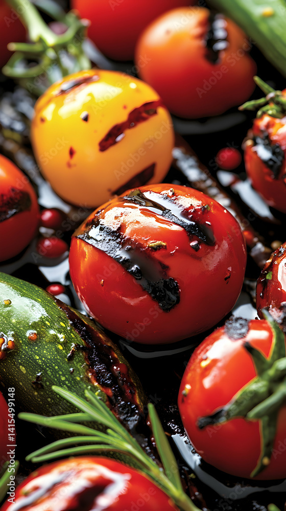 Fototapeta premium Grilled Cherry Tomatoes and Zucchini with Fresh Herbs on Dark Platter