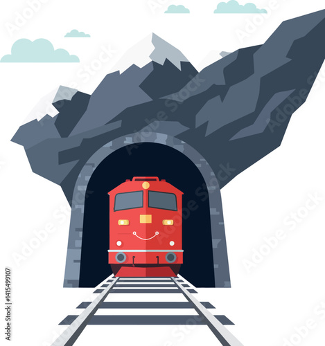 Red locomotive train emerging from rocky mountain tunnel with smiling face flat design vector illustration