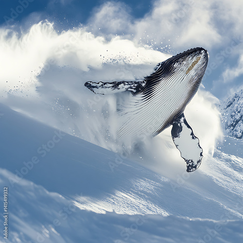 Majestic whale leaping through snow in a surreal winter landscape under bright sunlight

