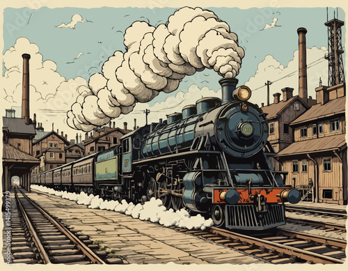 A retro steam locomotive in a smoke clouds moves quickly against the backdrop of industrial buildings, railway workshops and depots. Handmade drawing vector illustration. Art deco style