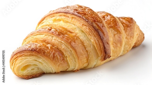 A freshly baked, golden croissant, a classic French pastry, on a clean white backdrop.