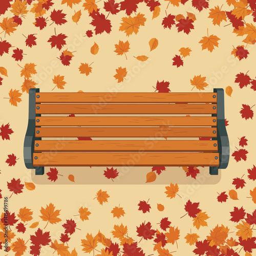 Empty wooden park bench surrounded by scattered autumn leaves flat design vector illustration