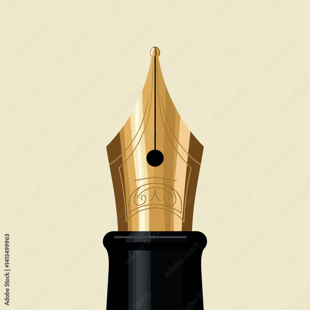 Golden fountain pen nib close-up detailed minimal vector illustration with elegant shiny metal and black holder