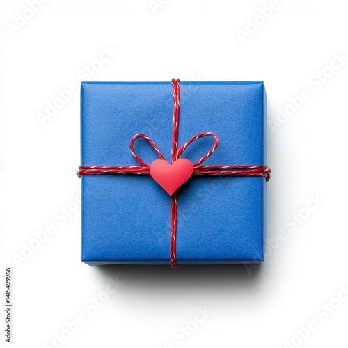 A small blue gift box with a red heart and red twine on a white background. Top down view.