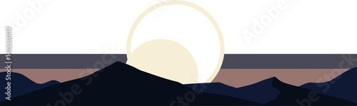 Mountain silhouette landscape with rising sun during dawn minimalist flat design vector illustration
