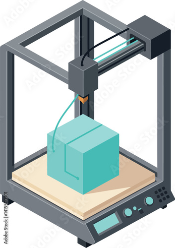 3D printer producing turquoise object in isometric detailed digital design vector illustration