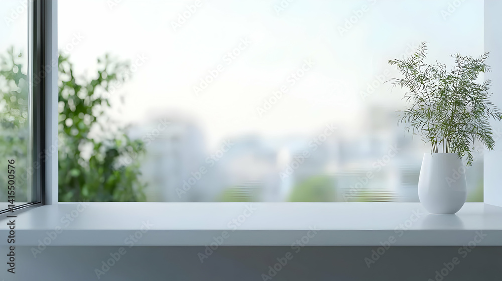 Fototapeta premium White Windowsill With Plant View Of City