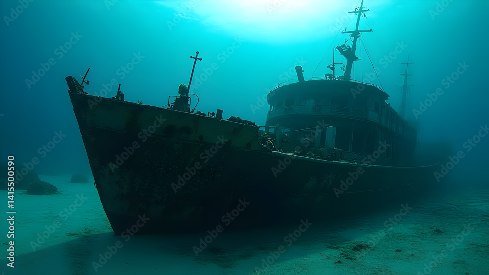 Underwater Shipwreck: Shipwreck Resting on Seabed - Ideal for Marine History, Diving, and Underwater Exploration Underwater Shipwreck: Shipwreck Resting on Seabed - Ideal for Marine History, Diving, and Underwater Exploration