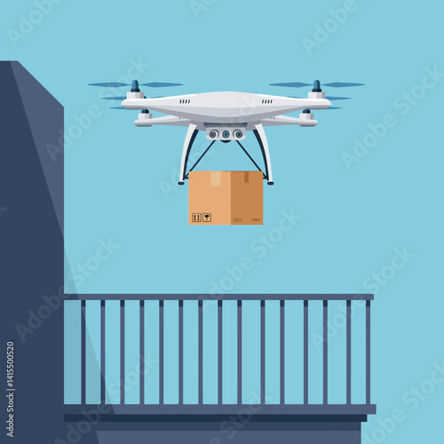 Delivery drone carrying cardboard package in minimal flat design flying near balcony vector illustration