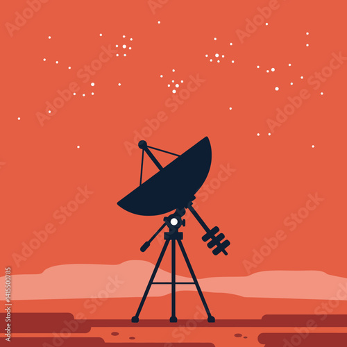 Satellite dish antenna under starry sky in minimal flat style vector illustration