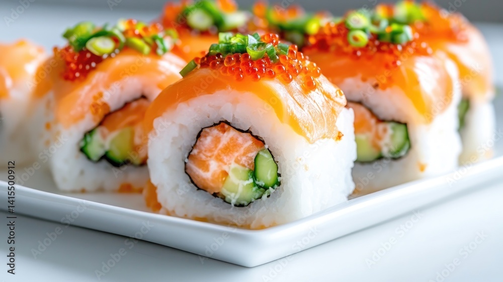 Fresh salmon sushi rolls served on a plate. Delicate slices of salmon atop sushi rice, garnished with microgreens and tobiko Fresh salmon sushi rolls served on a plate. Delicate slices of salmon atop sushi rice, garnished with microgreens and tobiko