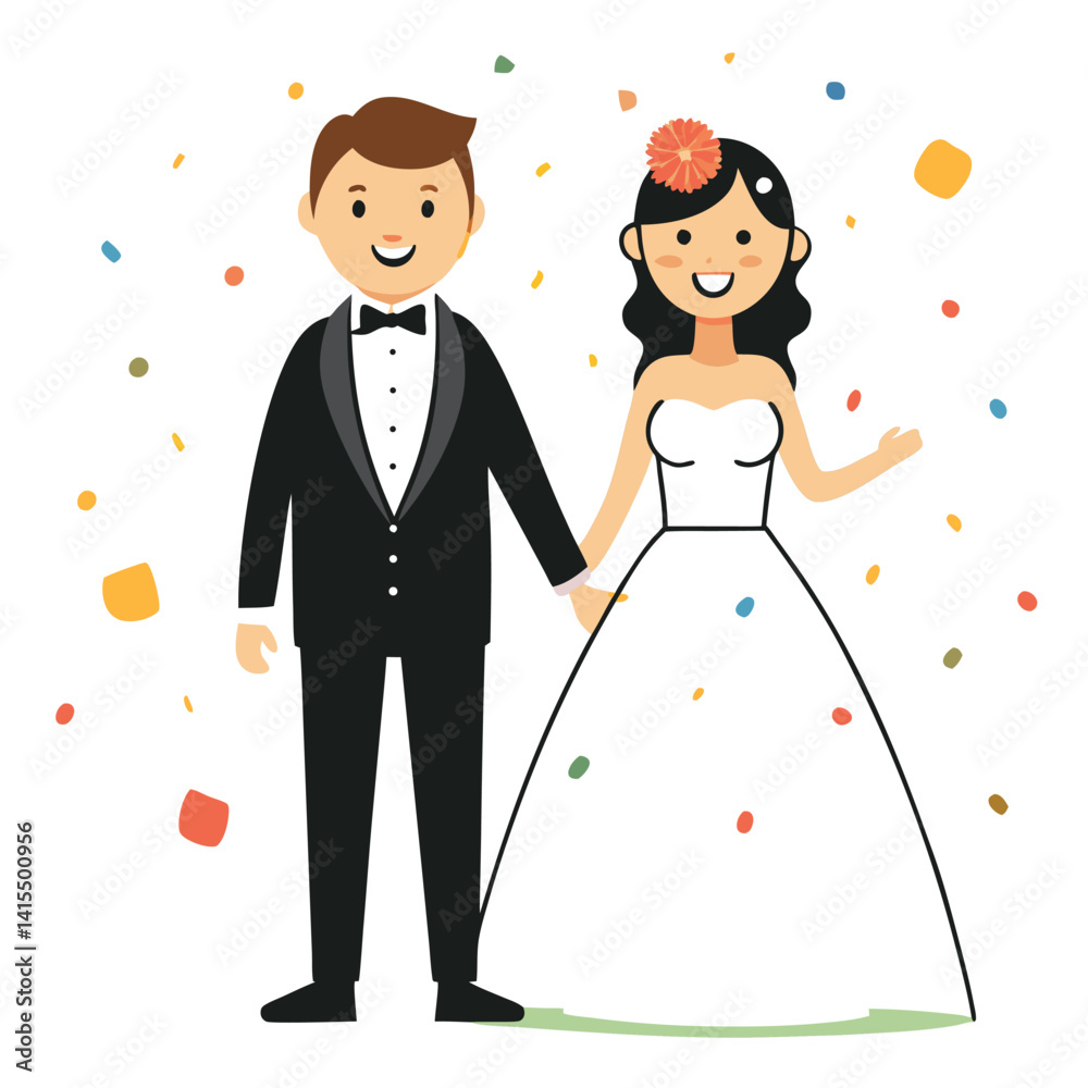 Happy Married Couple in Wedding Attire with Confetti Happy Married Couple in Wedding Attire with Confetti