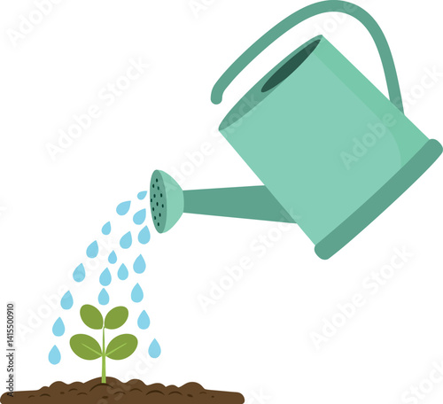 Watering can pouring water on small green plant sprout in soil flat style vector illustration