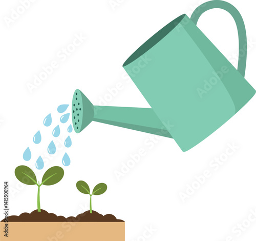 Green watering can pouring water on small plant seedlings in flat minimal vector illustration