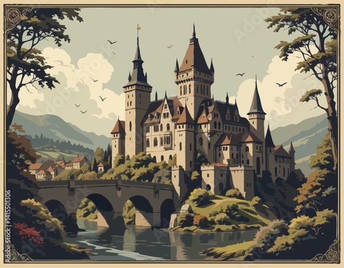 Medieval old gothic castle with a bridge, trees and village in the background. Flat design. Vintage Poster.