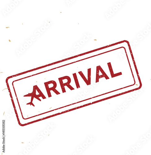 Red arrival stamp with airplane icon in minimal flat style vector illustration