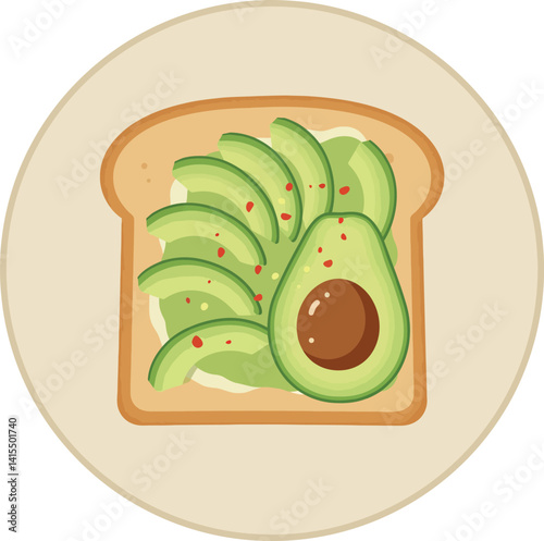 Avocado slices arranged on toasted bread with seasoning in flat minimal vector illustration