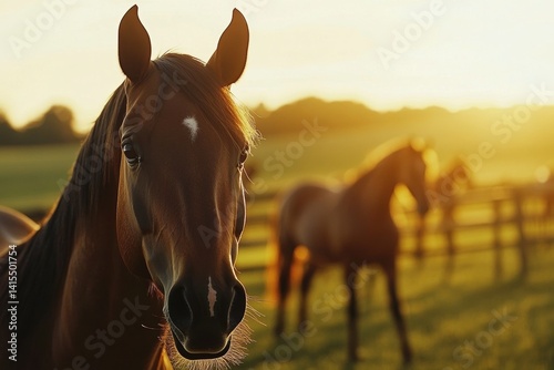 Thoroughbred horses peacefully grazing in a field during sunset, bathed in warm golden light.