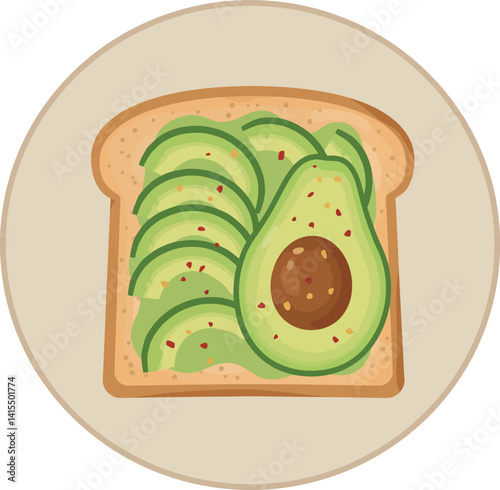 Avocado toast with sliced ripe avocado on toasted bread minimalist flat vector illustration