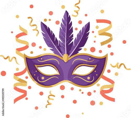Purple carnival mask with decorative feathers and golden swirls in flat festive vector art