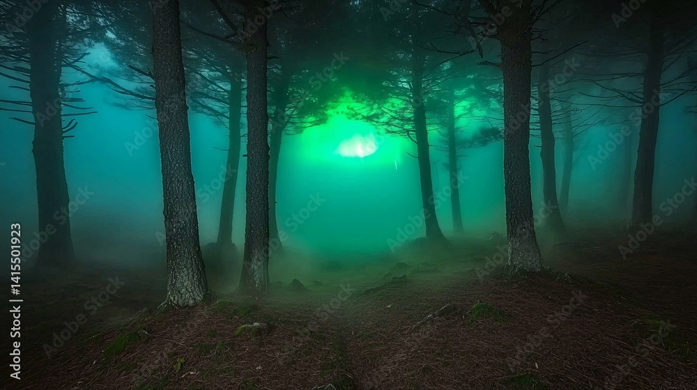 Naklejka premium borealis appearing through mist among pine trunks in a deep forest, mysterious glow in a foggy, quiet woodland environment, space on sides for design foggy forest, pine trunks, mist, northern 