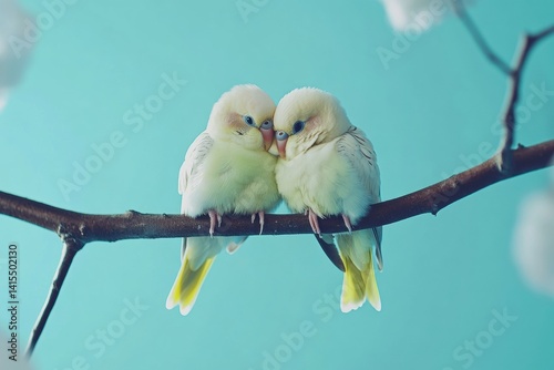 Two adorable budgies cuddling together on a branch against a blue background.
