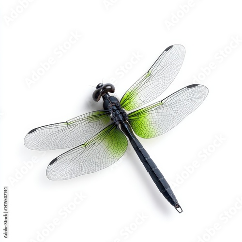 Close up of a dragonfly with translucent green and black wings against a white background.