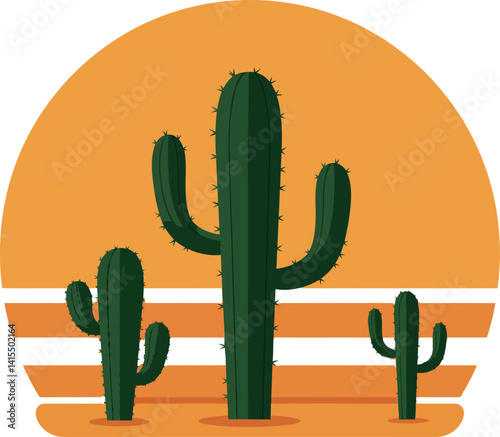 Three green saguaro cacti with spines in desert sunset flat design vector illustration