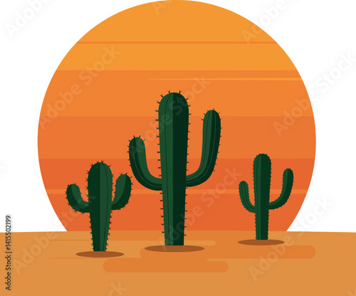 Three green cacti in desert with large orange sunset background flat design vector illustration