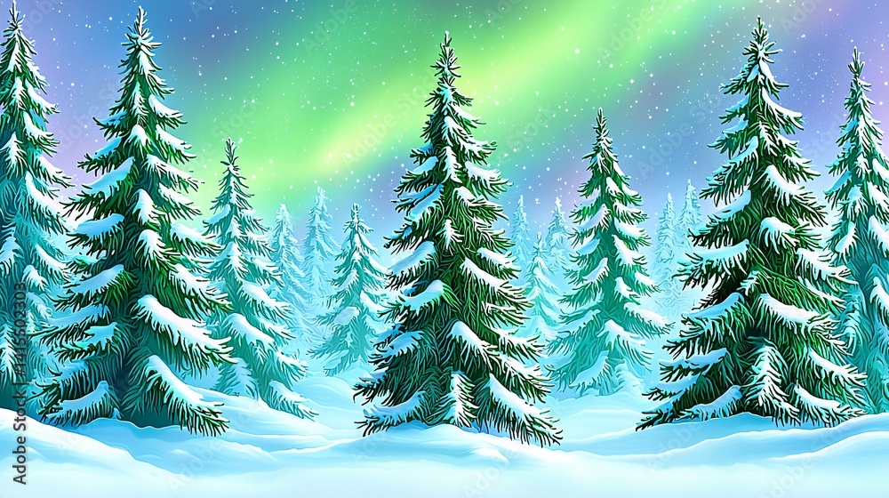 Obraz premium angle view of pines covered in frost with the aurora overhead, electric green and pale purple hues ripple in the sky, strong vertical dynamic low angle forest, frost-covered, pines, electric 