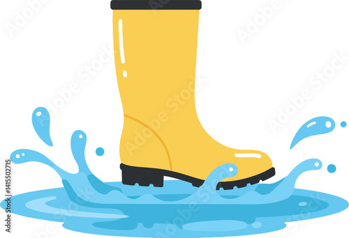 Yellow rain boot splashing water puddle flat minimalist style vector illustration