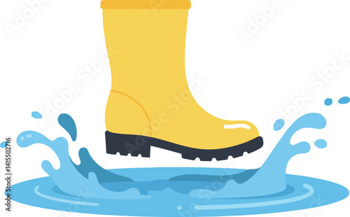 Yellow rubber rain boot splashing in blue water puddle flat minimal vector illustration