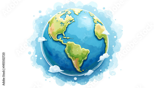 Colorful Earth Illustration with Clouds and Watercolor Style  