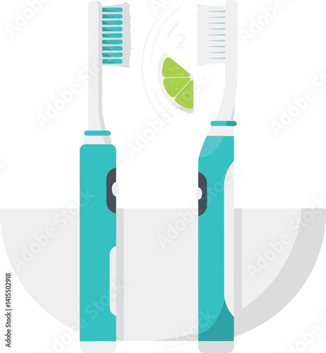 Electric toothbrushes with toothpaste and lime slice in minimal flat style vector illustration