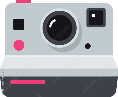 Vintage instant camera flat design with grey body pink buttons and lens vector art