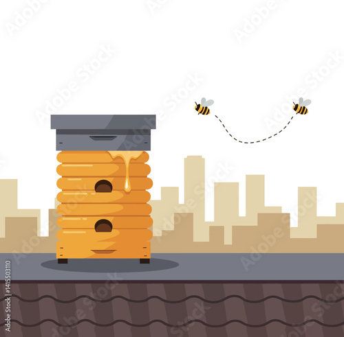 Honeybee hive on rooftop with flying bees in urban flat design vector illustration