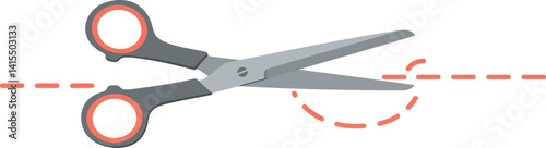 Open scissors cutting along dashed line minimal flat design office tool vector illustration