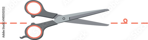 Hairdressing scissors with orange handles cutting along dashed line flat design vector illustration