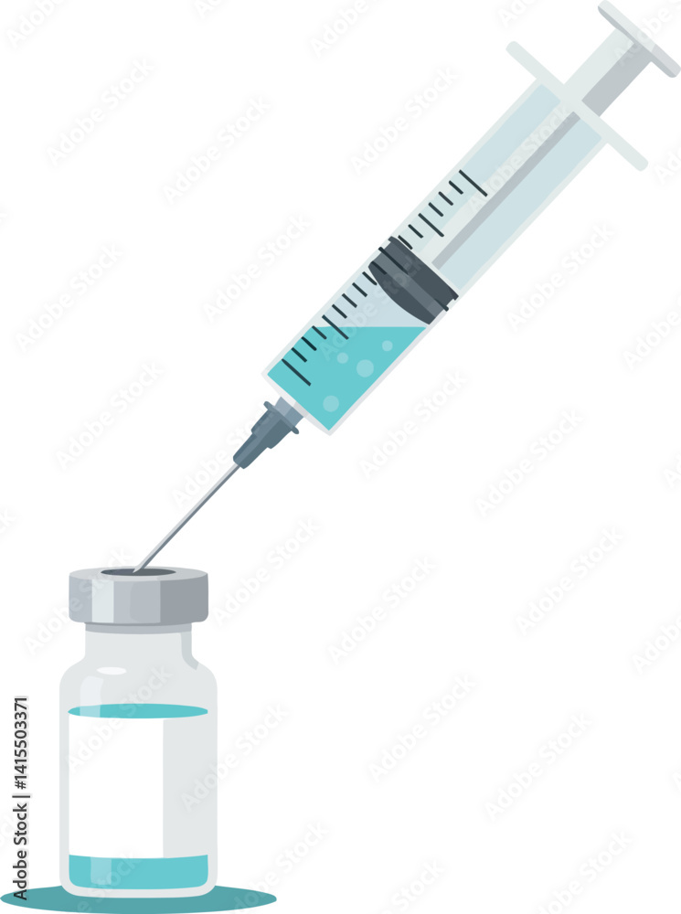 Medical syringe drawing liquid from clear vial flat minimal style vector illustration Medical syringe drawing liquid from clear vial flat minimal style vector illustration