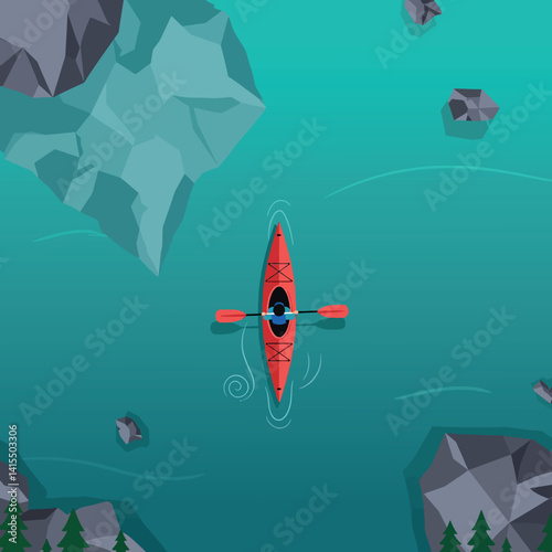 Single kayaker paddling in calm blue water near rocks and pine trees flat design vector illustration