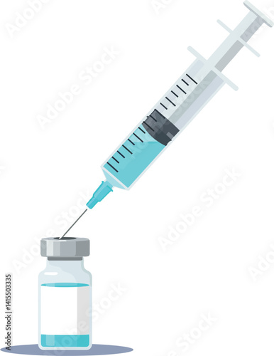 Medical syringe with liquid vaccine drawing from glass vial flat minimal vector illustration