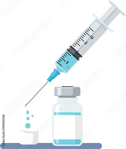 Medical syringe and vaccine vial with drops falling flat style minimal vector illustration