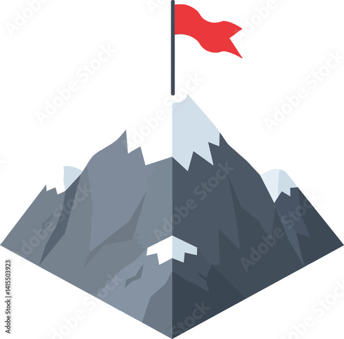 Mountain peak with red flag on snowy summit in flat geometric minimalist style vector illustration